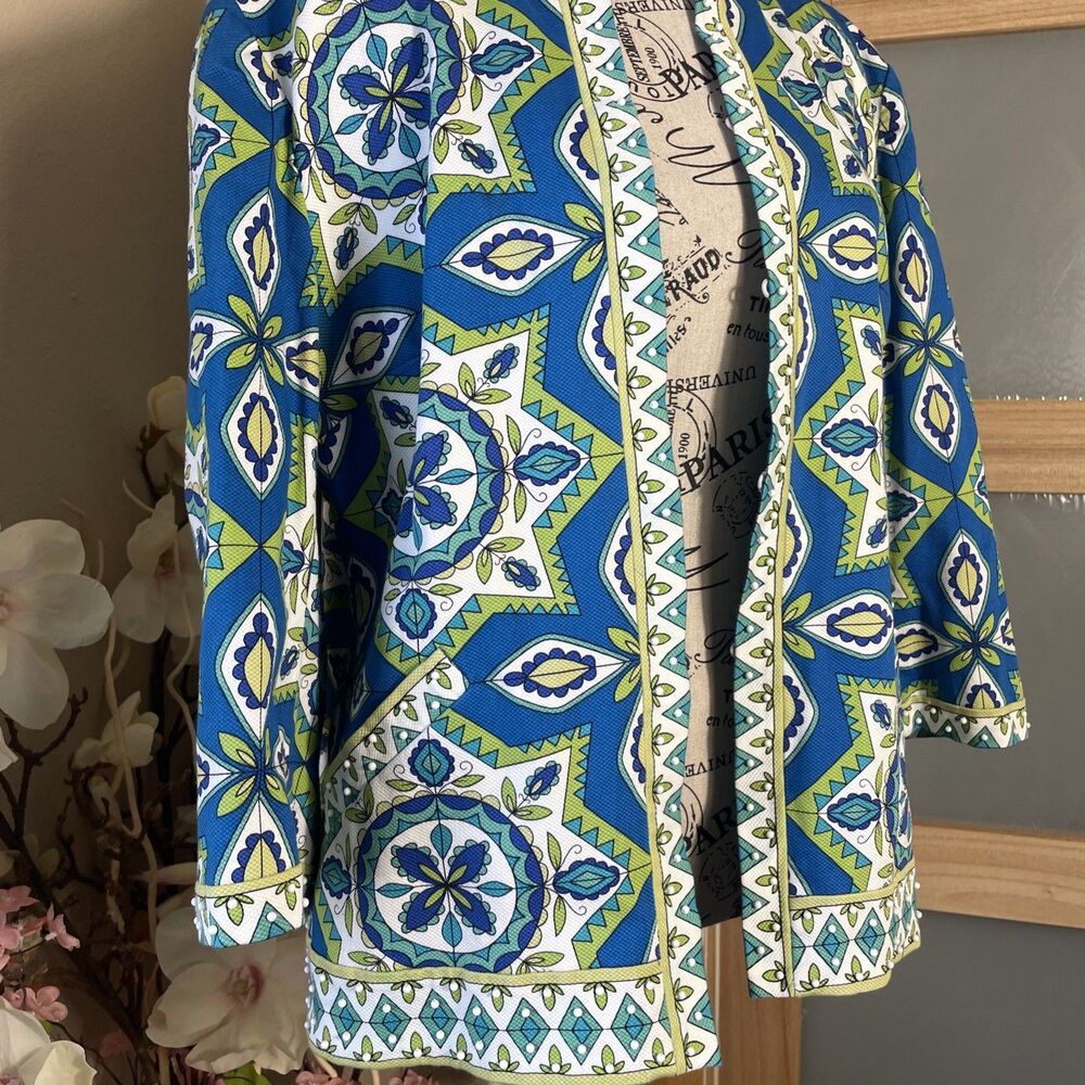 Chico's open front artsy colorful blazer size "2" blue 3/4 sleeve - Picture 7 of 9